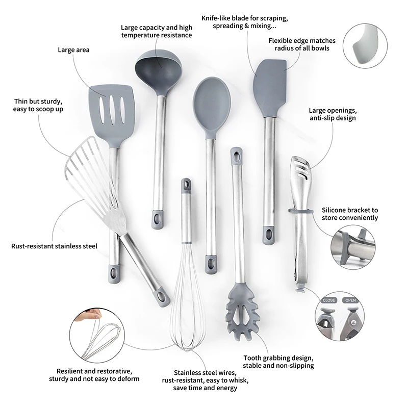 8 PCS Wholesale Multi-Functional Stainless Steel Kitchen Utensil Silicone Cooking Shovel Tool Sets