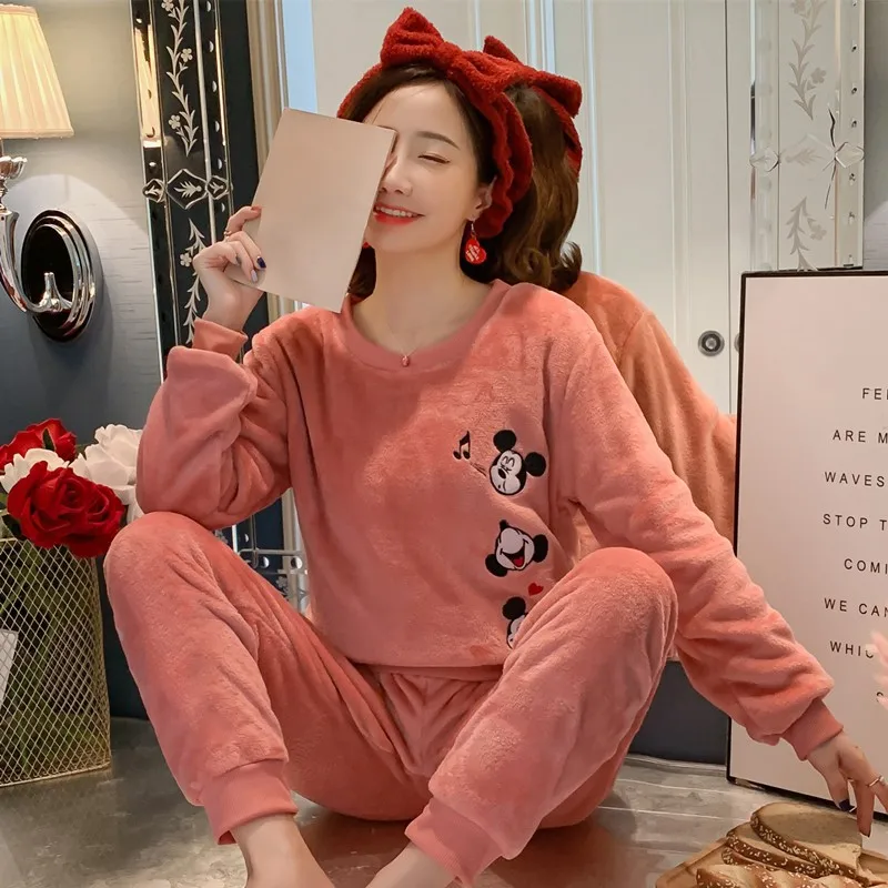 Winter Women Sleepwear Two Pice Suit Night Sleep Wear Clothing Pijama Plush Pyjama Flannel Pajama