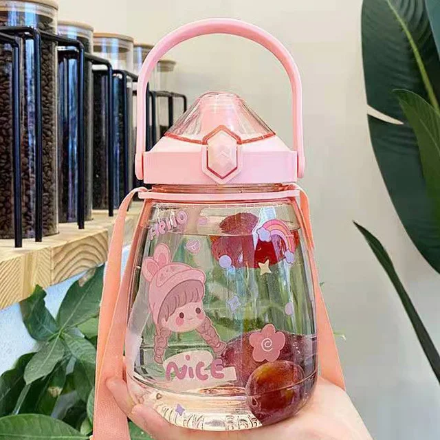 1100ml 32 oz motivational plastic large capacity cute school kids water bottle with straw strap for children bpa free