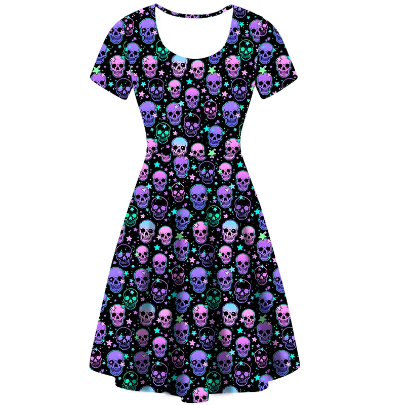 Wholesale Fashionable China Trendy Halloween Star Skull Printed  Short Sleeve Dress Casual O Neck Spring Summer For Women Dress