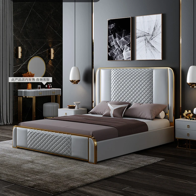Luxury Modern High quality leather bed set with Metal frame for bedroom furniture