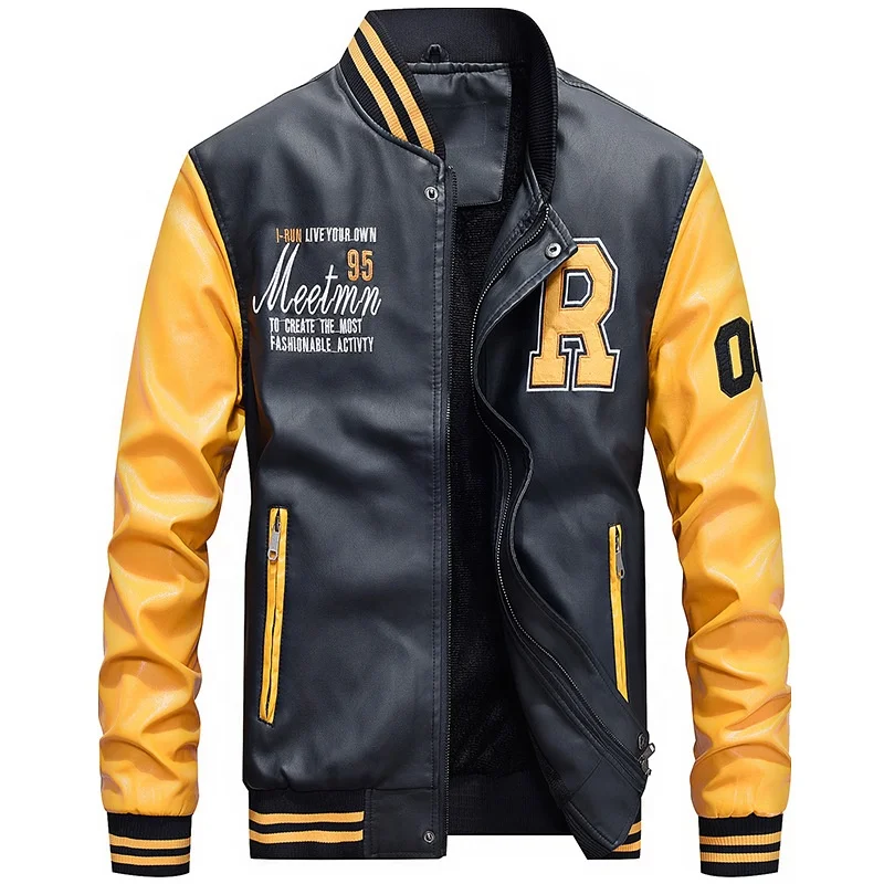 Fashion Mens Warm Winter Thick Fleece Lining  PU Leather Baseball Jacket