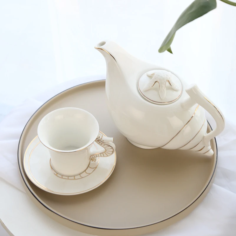 TP10 Sea Snail Design Ceramic Teapot Cup and Saucer with Gold Rim