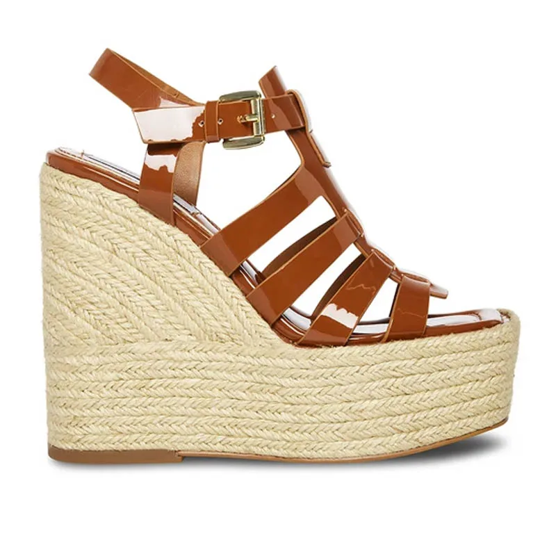 Espadrilles Summer Sandals Patent Leather High Platform Shoes Jute Wedge Slip-on Women Sandals