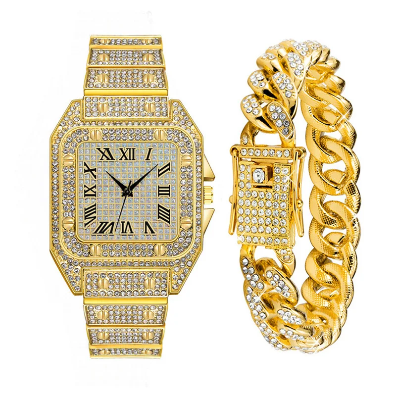 Miami cuban bracelet with iced out watch hop hop gold diamond quartz watch for men