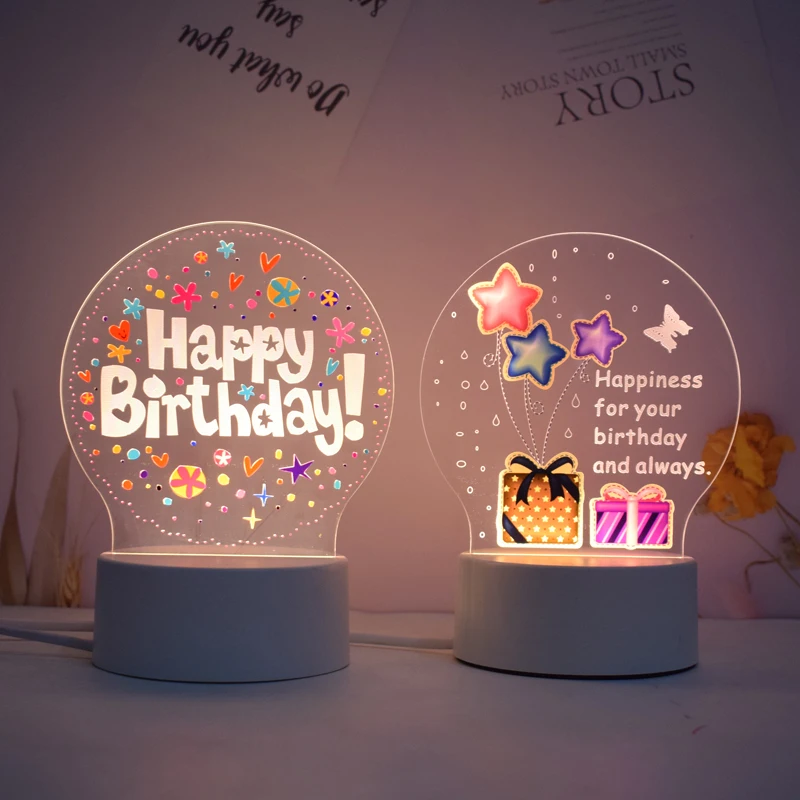 3D Illusion Night Lights LED Happy Birthday Night Lights 7-colors Adjustable Birthday Cake Table Lamp Bedroom Acrylic USB Cable
