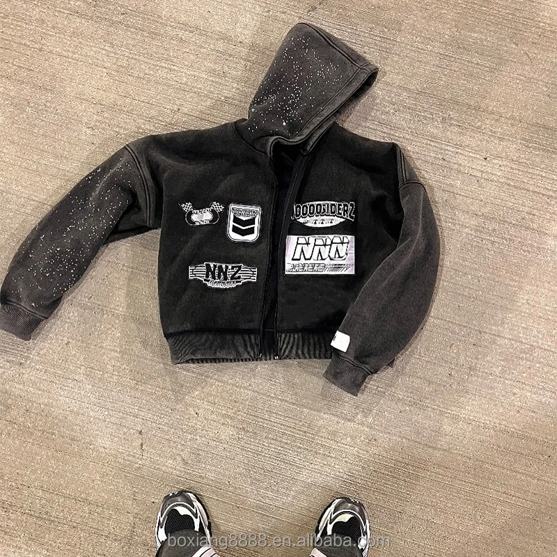 Custom High Quality Streetwear Unisex Cotton Boxy Rhinestone Hoody Acid Wash Zipper Oversize Zip Up Hoodies Men