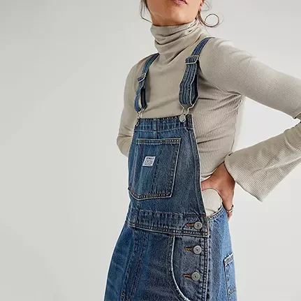 Women vintage relaxed fit wide leg classic blue Jeans fashion denim bib straight loose pants