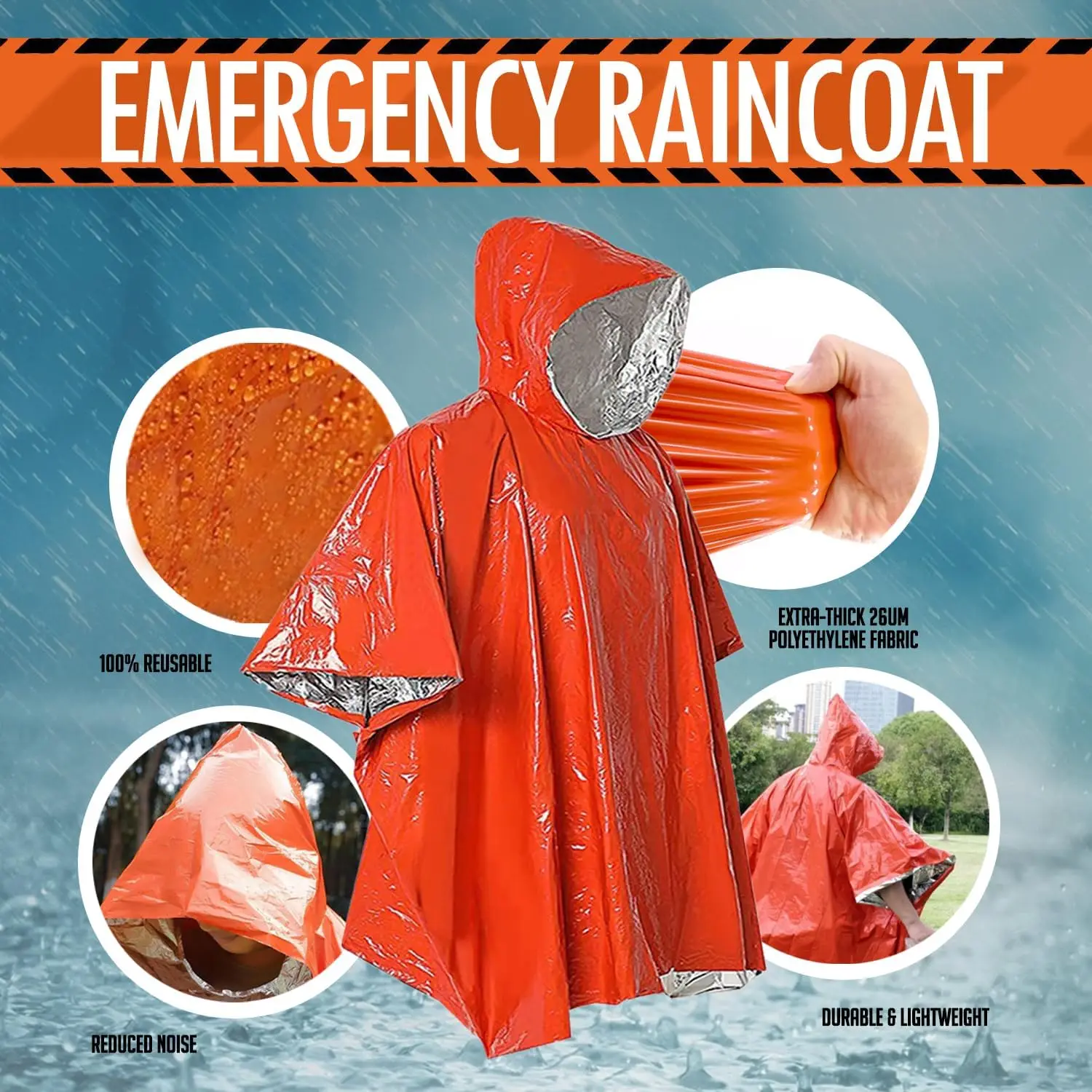 Survival Rain Poncho Emergency Mylar Space Blanket Camping Gear