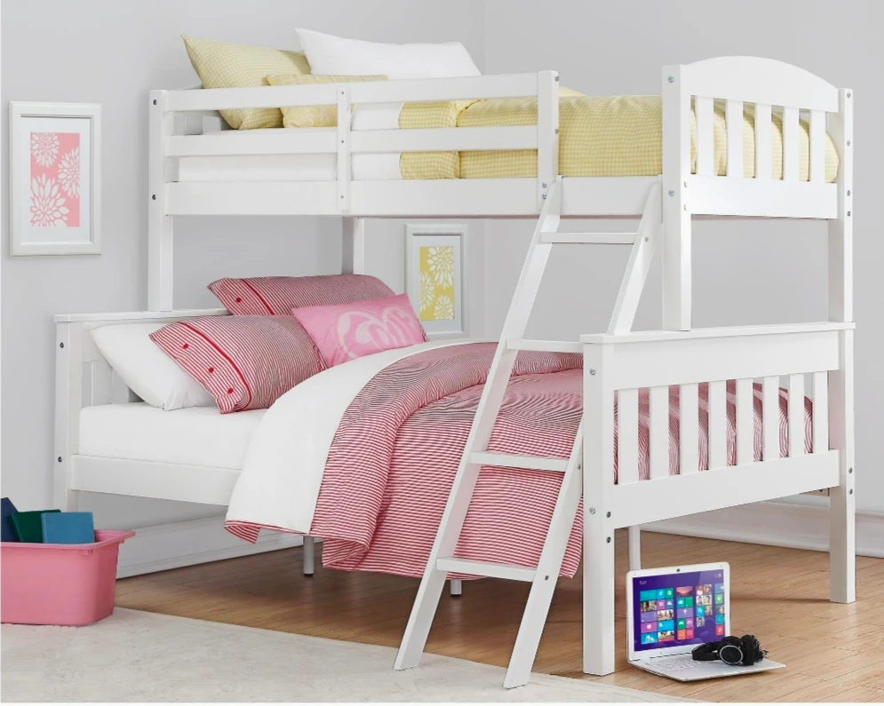 Living room Solid Wood Bunk Beds Twin Over Full with Ladder and Guard Rail, White