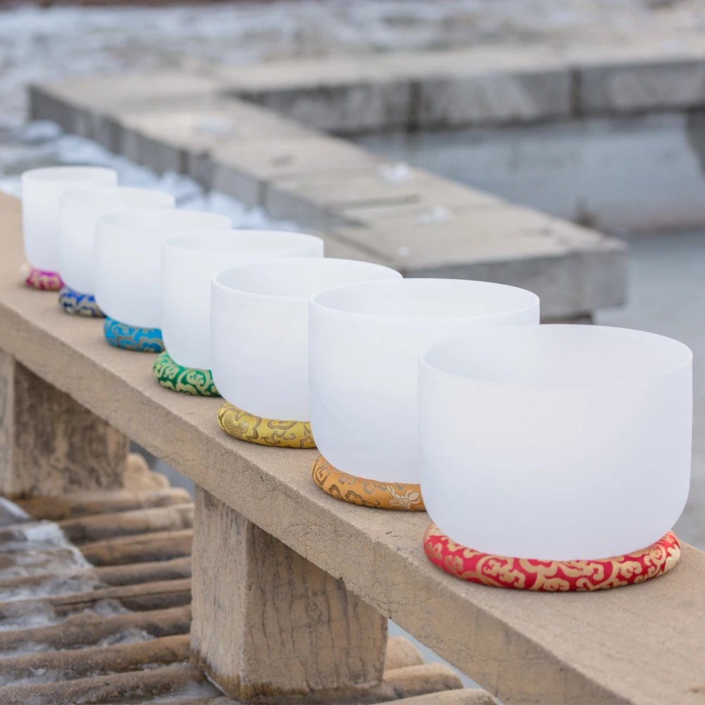 6-12inch Chakra Singing Bowl Set Sound Healing Healthy Free Mallets and O Rings Frosted Crystal Singing Bowls