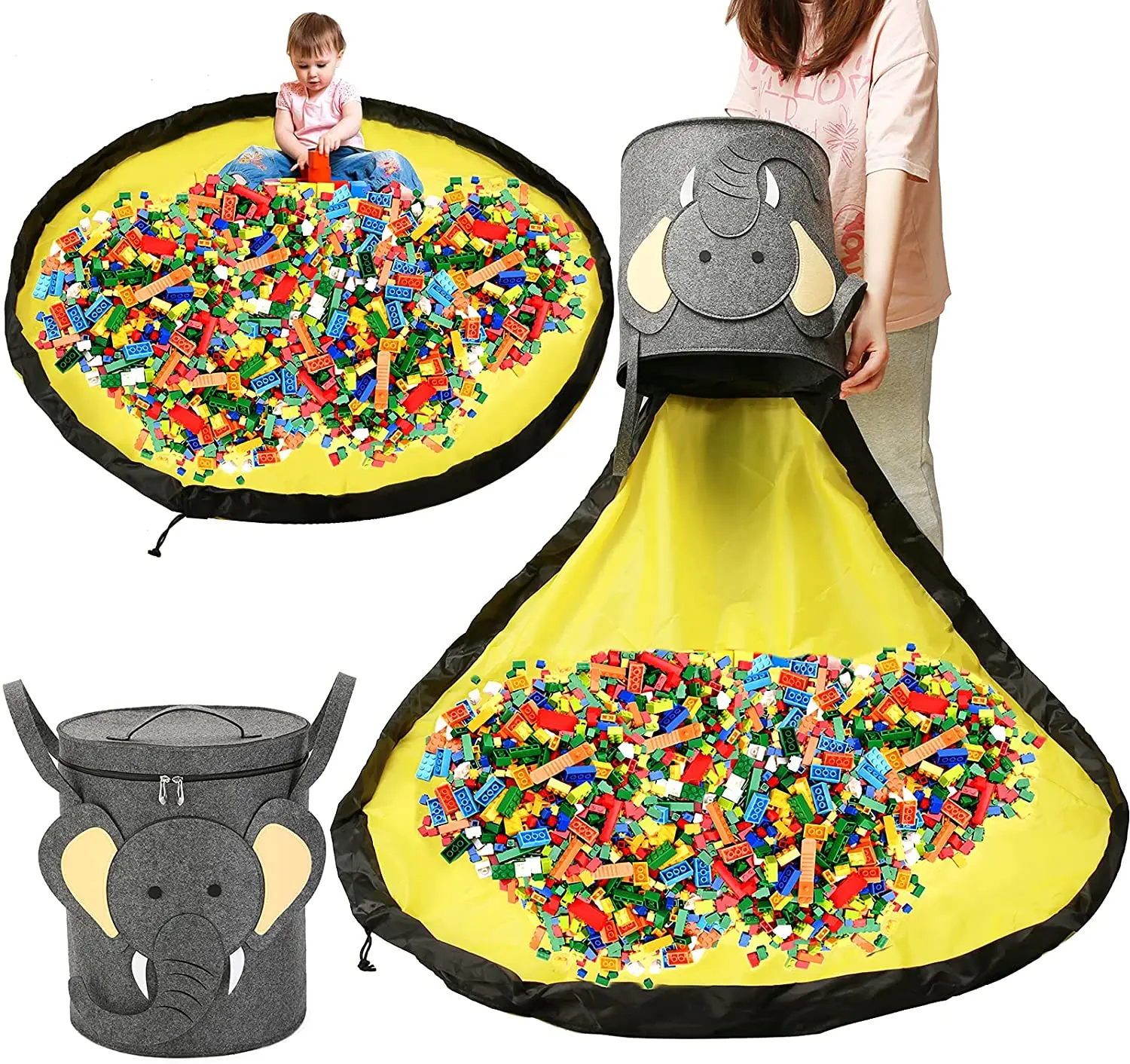 Portable Toy Storage Bag and Play Mat Toy Organizer Basket Drawstring blanket Container Bin for Lego Toy Bucket