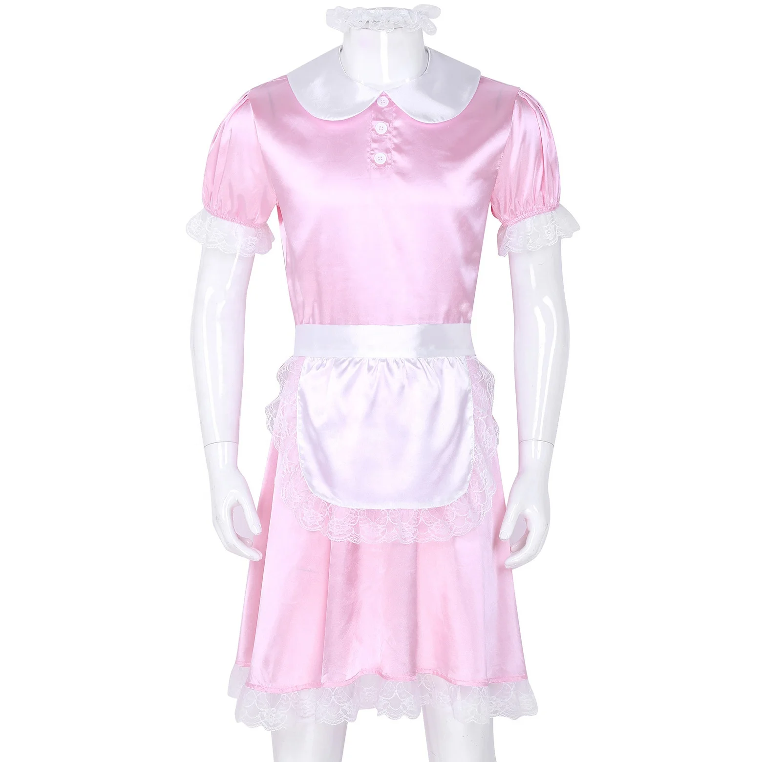 Sexy Satin Underwear 3Pcs Mens Sissy Girl Maid Dress Uniform Cosplay Short Sleeve Dress with Headband and Apron Doll Neck
