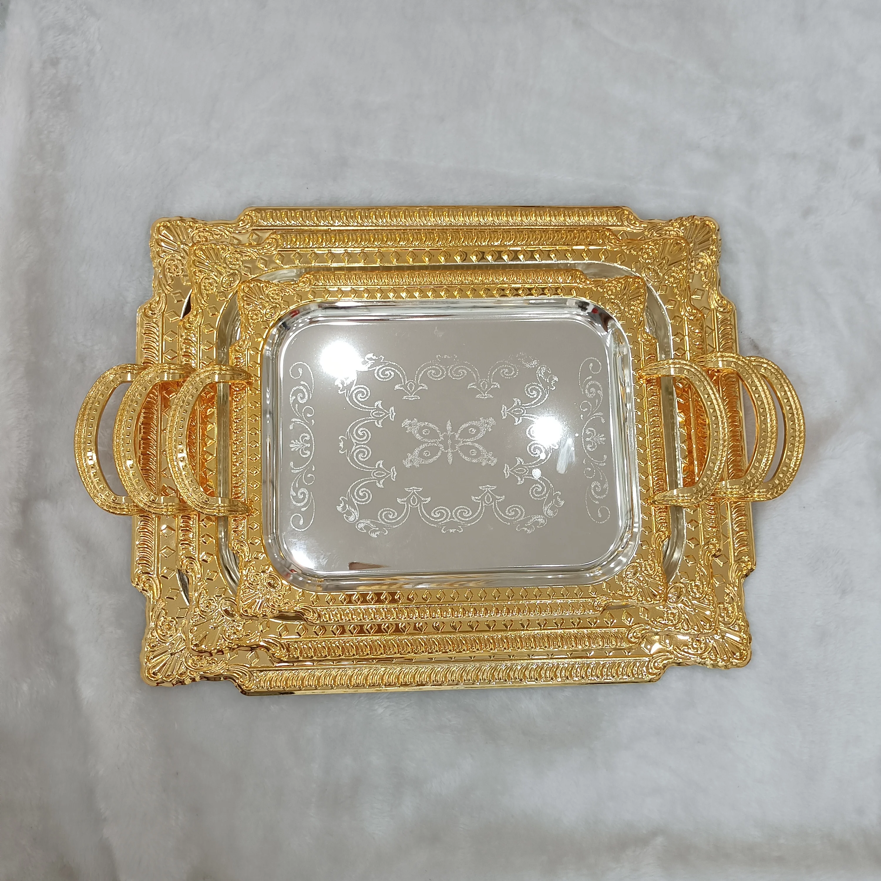 2024 Ramada Oval 3pcs Stainless Steel Metal Plateau Tray Set Tea Serving Arabic Middle East Mirror Gold Trays Set