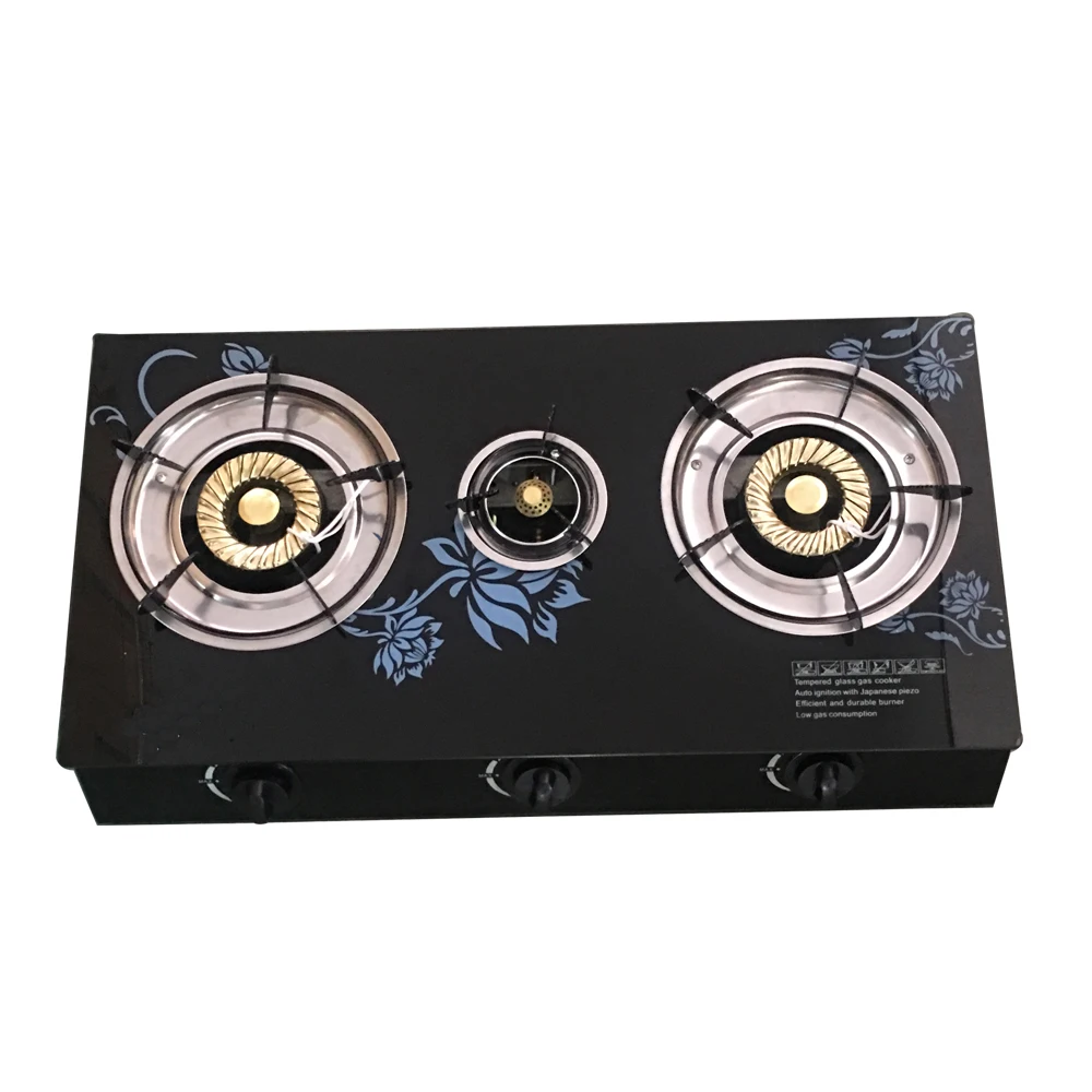 0.6mm tempered glass panel with three cast iron burner gas stove cooktop
