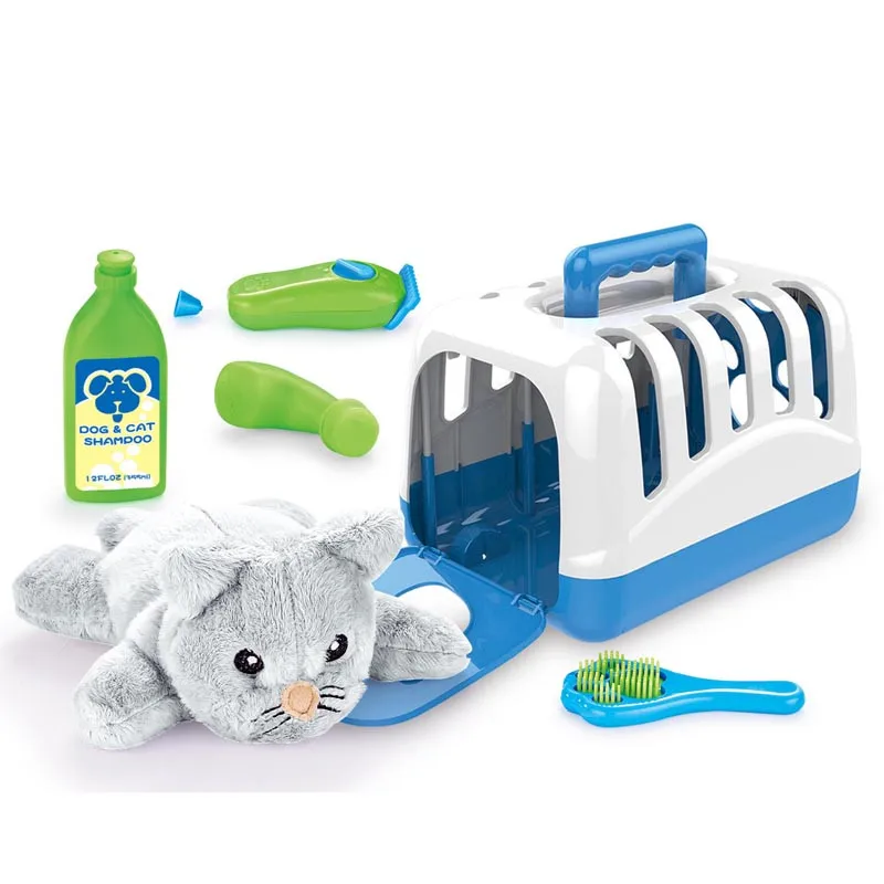 
(Cat)Wash & Trim pet toys Vet Groomer Play Set With Plush Stuffed Animal And Plastic Cages for kids 6pcs 