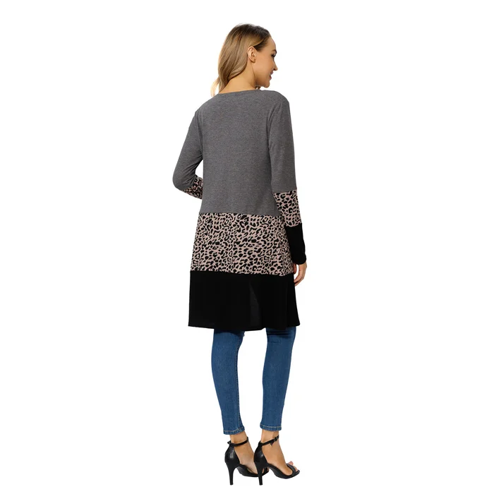 Womens Casual Open Front Draped Snap Knitted Maxi Duster Long Sleeve Leopard Print Plus Size Cardigan