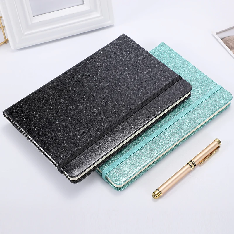 new design bright PU leather cover notebook A5 shine line pages diary flash color notebook with elastic strap  for stock