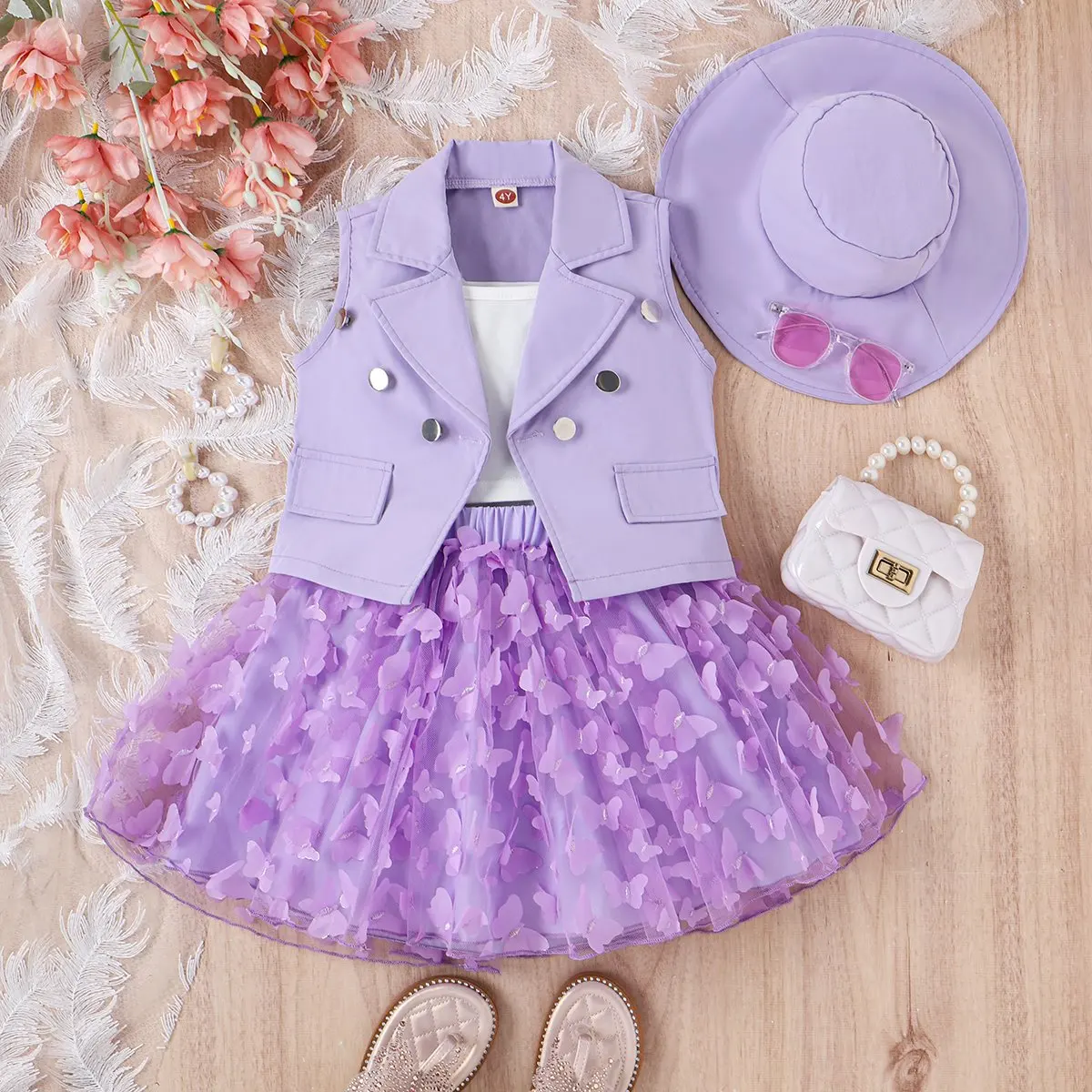 New Baby Clothes Girls Lapel Button Candy Color Butterfly Mesh Skirt Sleeveless Coat Vest Skirt Hat Four-Piece Baby Clothing Set