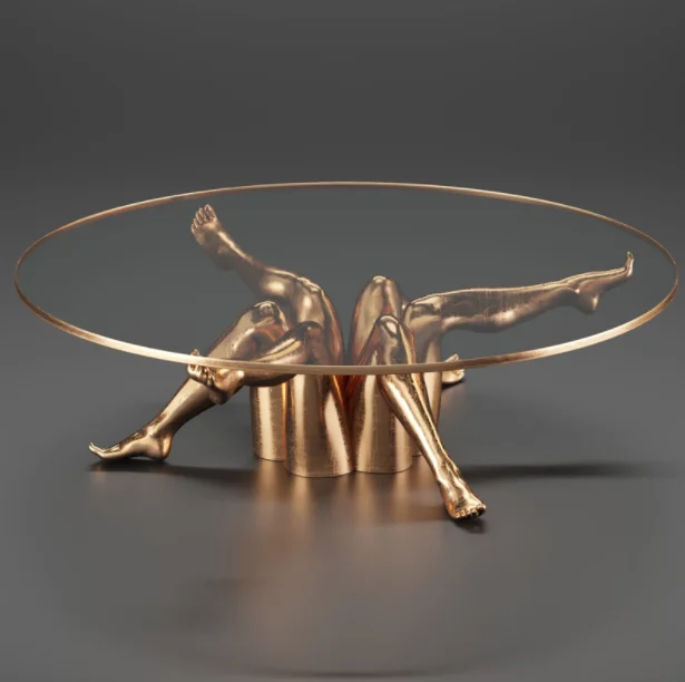 Light Luxury Modern Abstract Beauty Legs Table Plated Base Brass High End Designer Glass Round Coffee Table