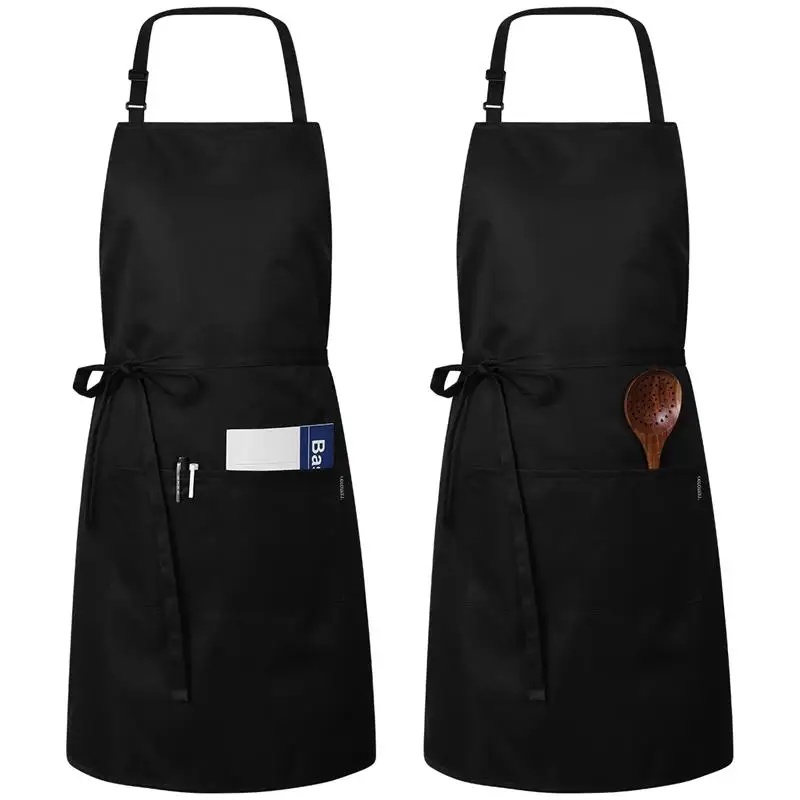 Custom Logo Women Men Unisex Cotton Polyester Waterproof Black Chef Kitchen Apron Restaurants Cooking Aprons