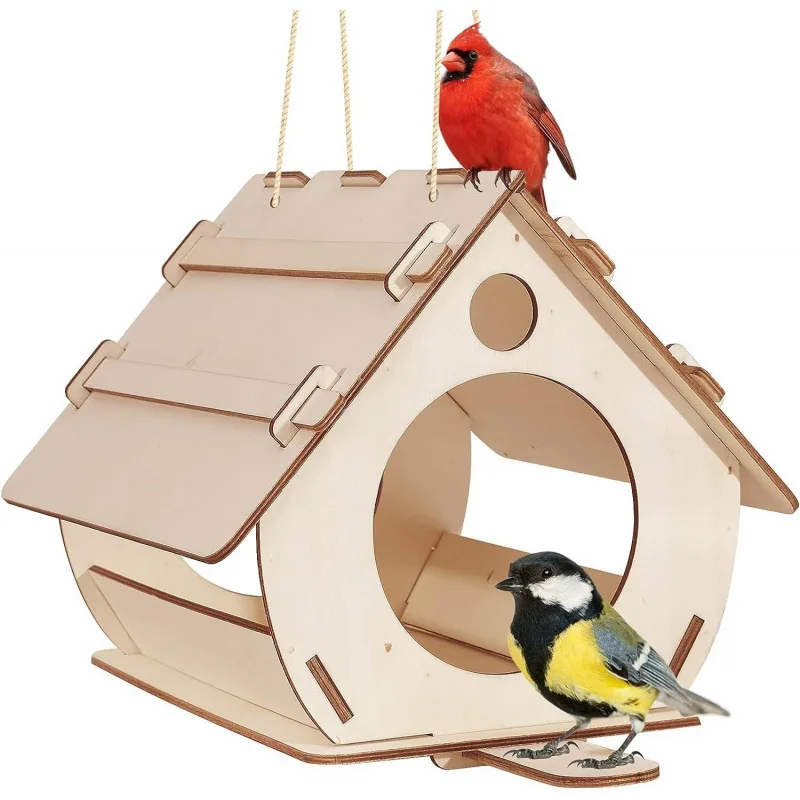 Wholesale wooden bird feeder birdhouse hanging DIY painting assembly outdoor garden decoration bird cage houses for outside