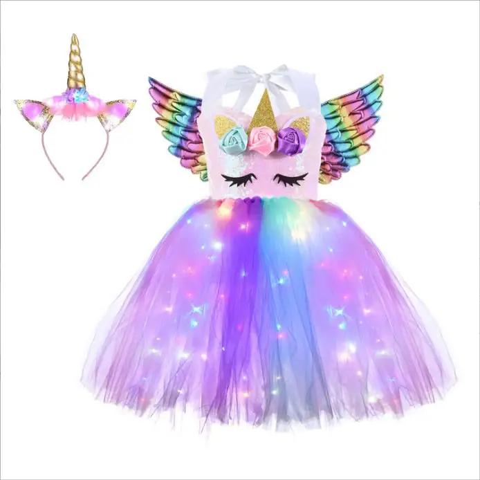 Girls  Costume LED Light Up  Princess Dress Birthday Party Outfit Halloween Rainbow Led Tutu Dress