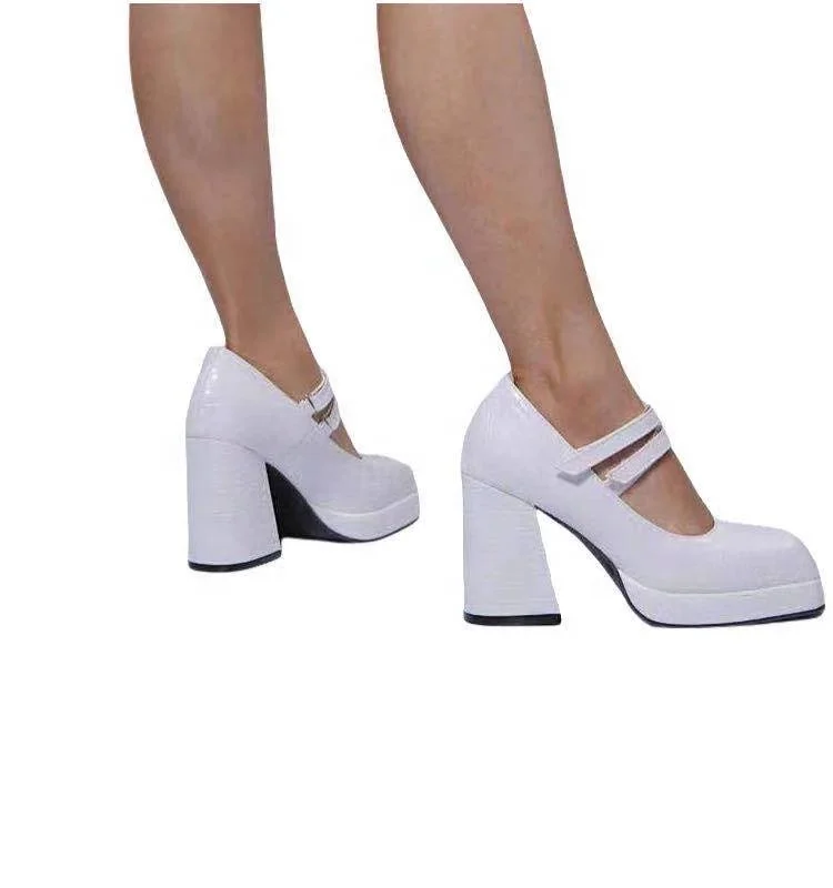 
Faux Leather Ankle Strap Platform Block Hell Pumps Shoes for Chic Ladies 