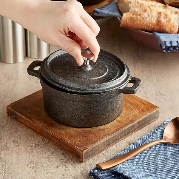 Pre-Seasoned 8 Ounce Cast Iron Mini Dutch Oven Round Cocotte with Lid and Wooden Base Nonstick Coating Cookware for Roasting Pot