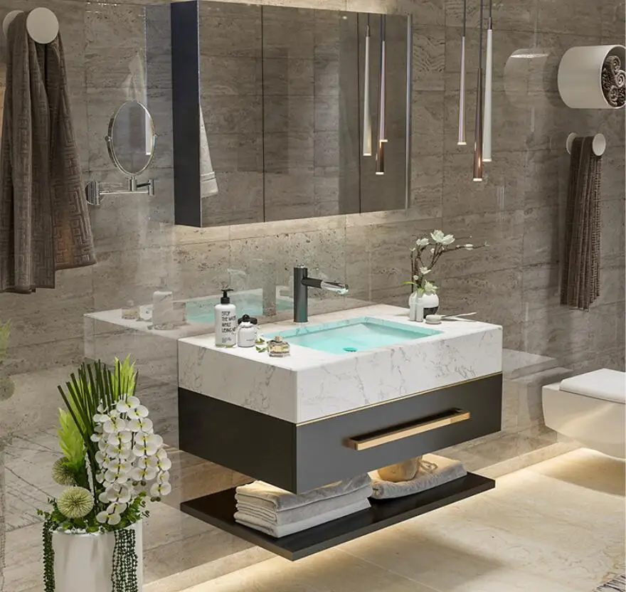 Modern solid wood acrylic surface bathroom furniture wall mounted double deck bathroom cabinet vanity with sink