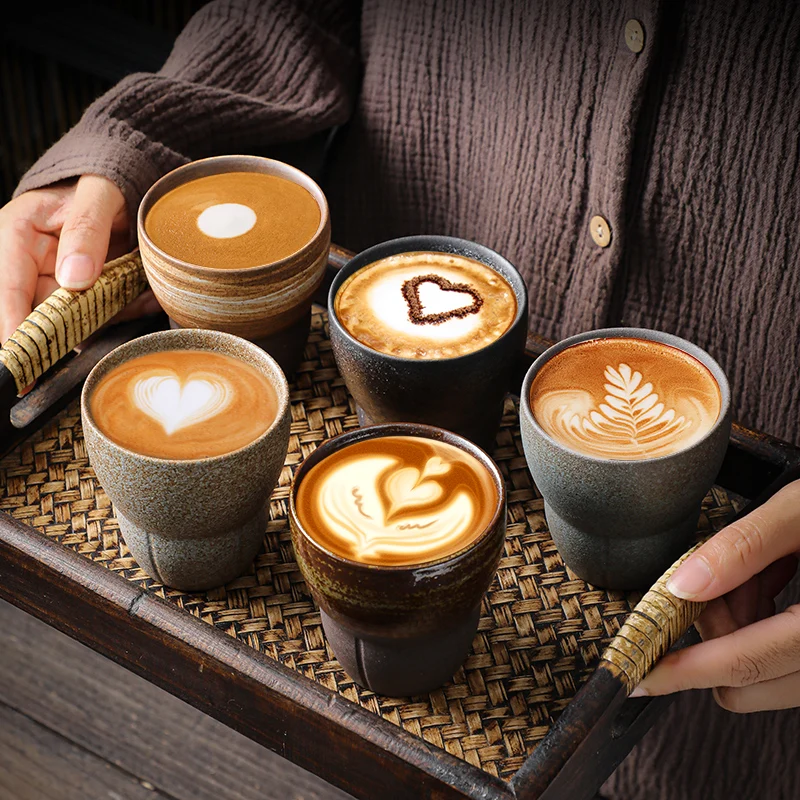 2024 New Japanese Retro Ceramic Kung Fu Tea Cups Espresso Coffee Mugs Eco-Friendly PC Material Boxed for Office & Household Use