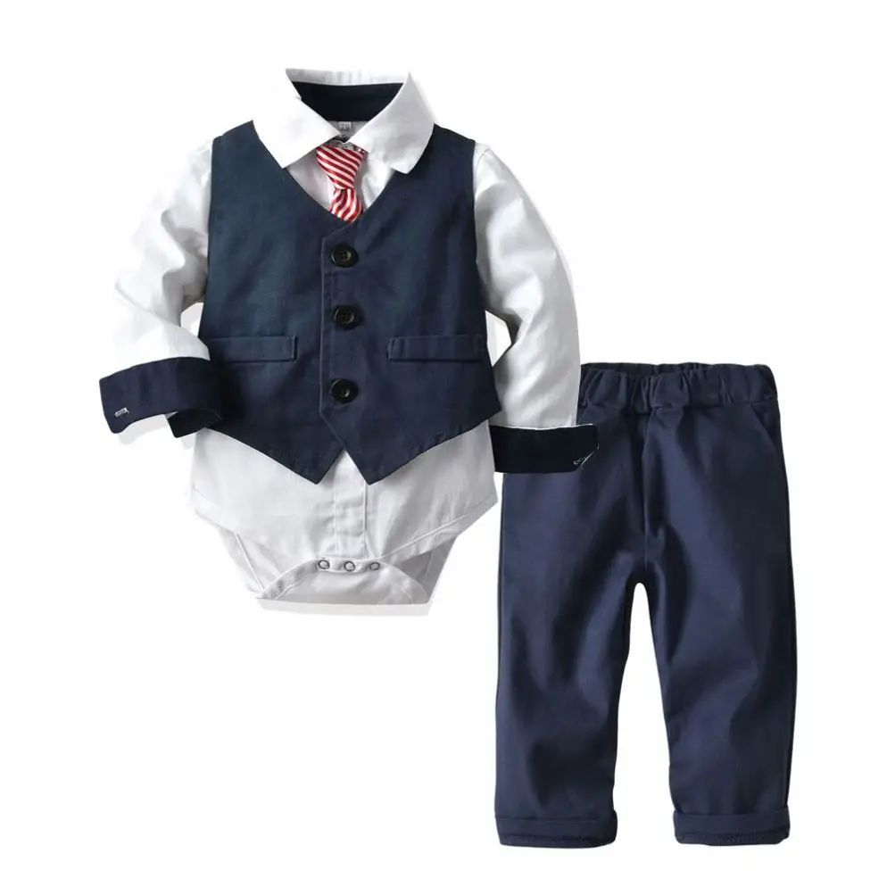 
2020 Amazon hot sale Newborn Baby Boy Clothes Romper+waistcoat+Bowtie + Pant 4pcs Baby Gentleman Outfits Suit Set 