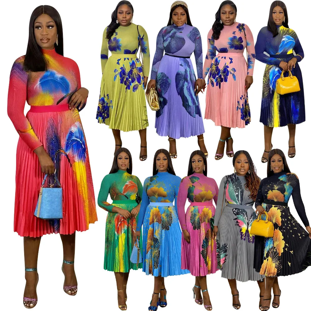 DG Women Lady Elegant Two Piece Skirt Set Flower Printed Women Dresses Long Sleeve T Shirts Pleated Skirts Set