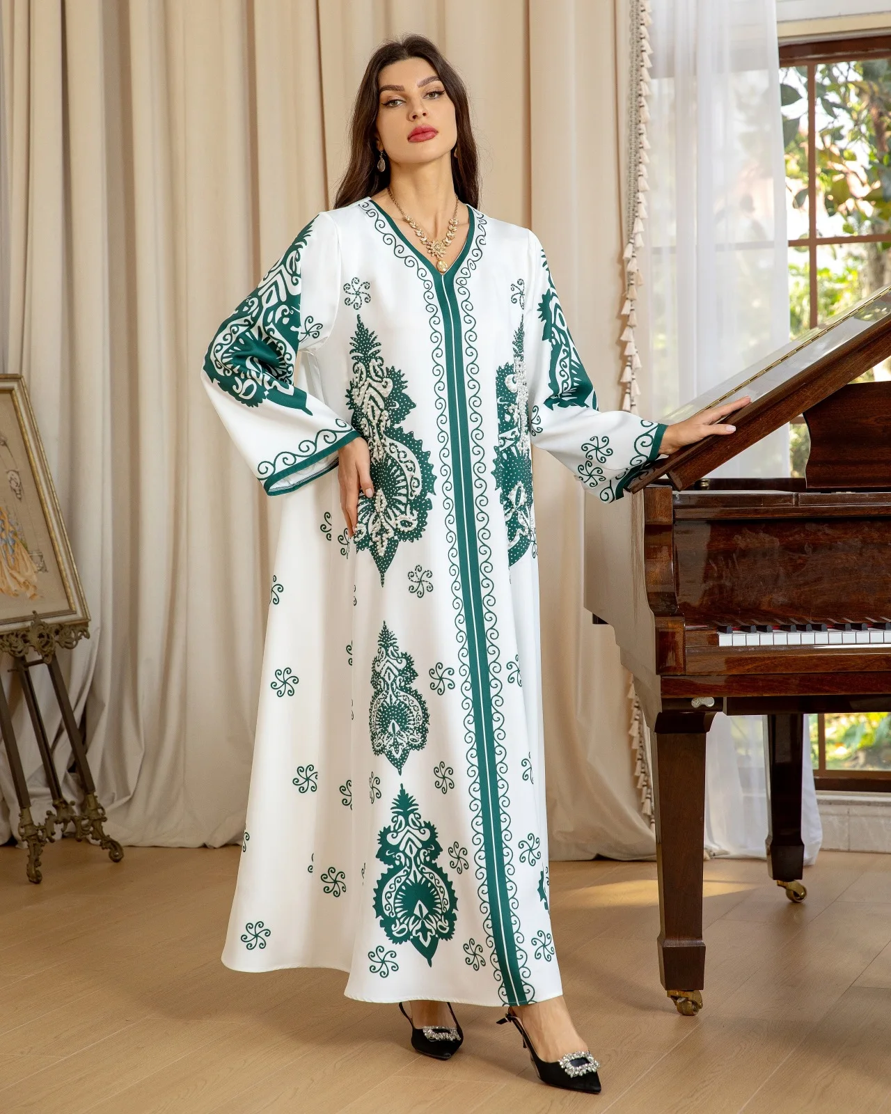 AB375 Traditional Muslim Clothing Abaya Women Muslim Dress Arab Dubai Rhinestone Bubble Beads Printed Robes Femme