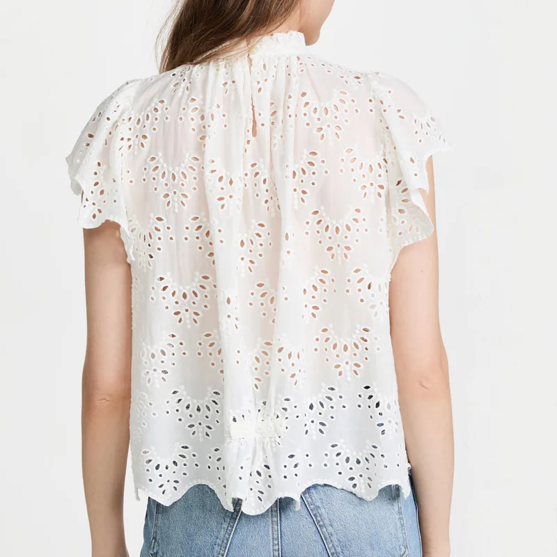 Customize Women Flutter sleeve top Ladies Casual Lace Blouse Tops
