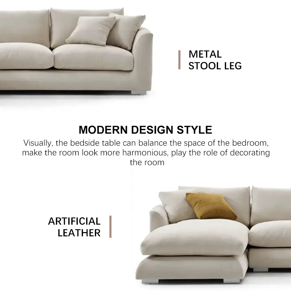 Modern Home Living Room Sofa Set Furniture White Linen Feather Cream Beige Fabric L Shaped Corner Modular Couches Sectional Sofa