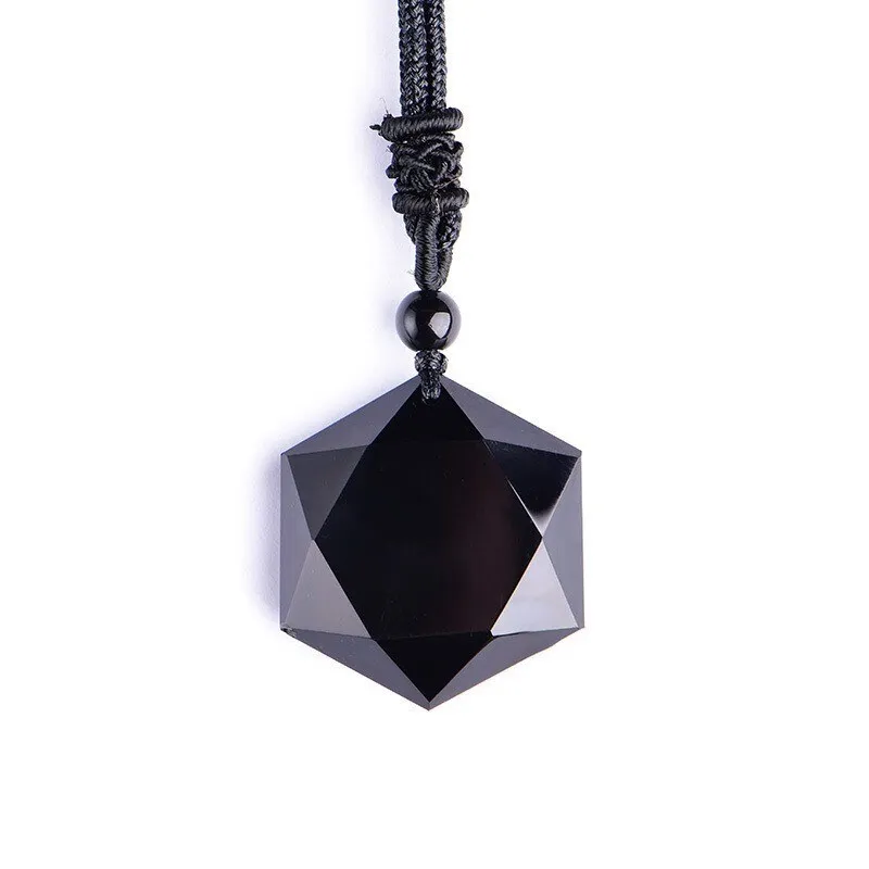 Men&Women Natural Black Obsidian Stone Necklace Six Stars Pendant Energy Stone Necklace Sweater Chain Fashion Lucky Jewelry