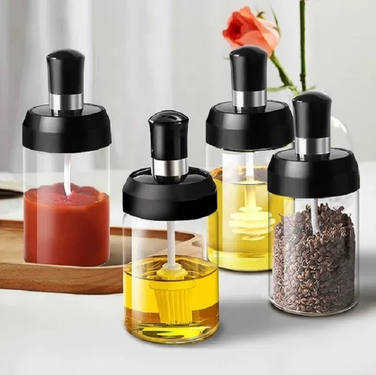 High Quality Lead-Free Glass Food Container Seasoning Jar With Honey Oil Pot Brush Stick Spoon Eco-Friendly Logo Storage