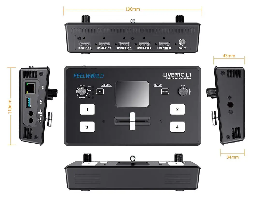 
FEELWORLD LIVEPRO L1 V1 Small Multi-Camera Switch 4 HDMI Inputs with USB3.0 live streaming 