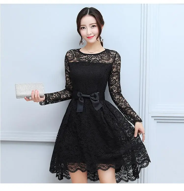 New Women Vintage Elegant Casual Dress Floral Plain Pullover Lace Dresses Bow