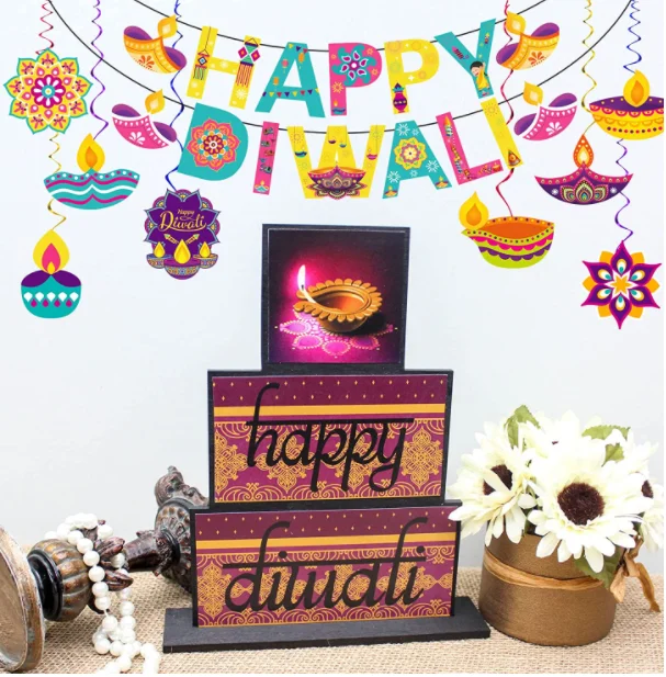 Happy Diwali Rangoli Diya Hindu Hanging Swirls Banners signs Flags garland for Deepavali Festival of Lights Party supplies decor