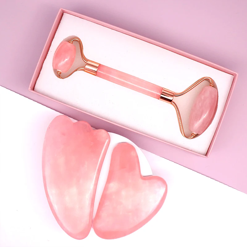 Wholesale Private Label Face Care Anti-Aging Rose Quartz Gua Sha and Jade Roller Of Clamshell Box Facial Roller
