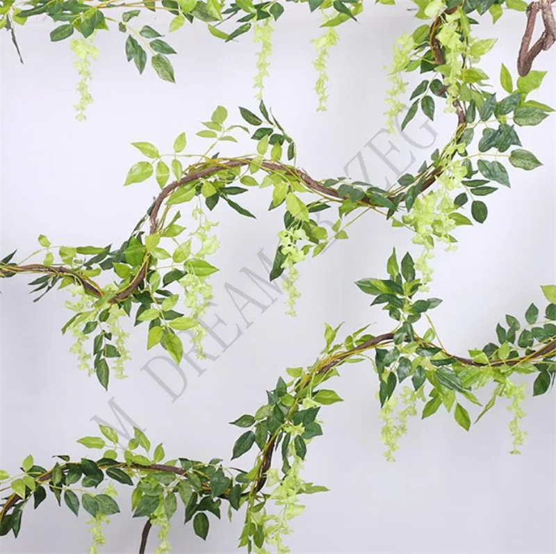 2M Wisteria Artificial Flowers Vine Garland Wedding Arch Decoration 5 Colors Foliage Rattan Trailing Faux Flowers Ivy Wall