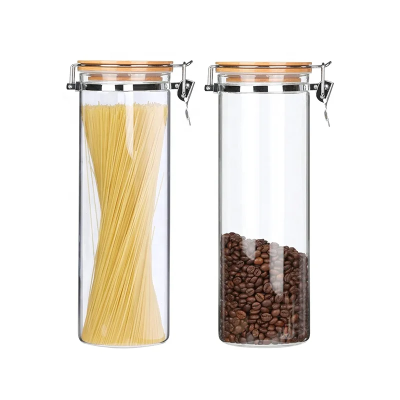Wholesale Sealed Storage Glass Canister Airtight Storage Jar with Bamboo Lid Kitchen Pantry Container for Spaghetti Pasta