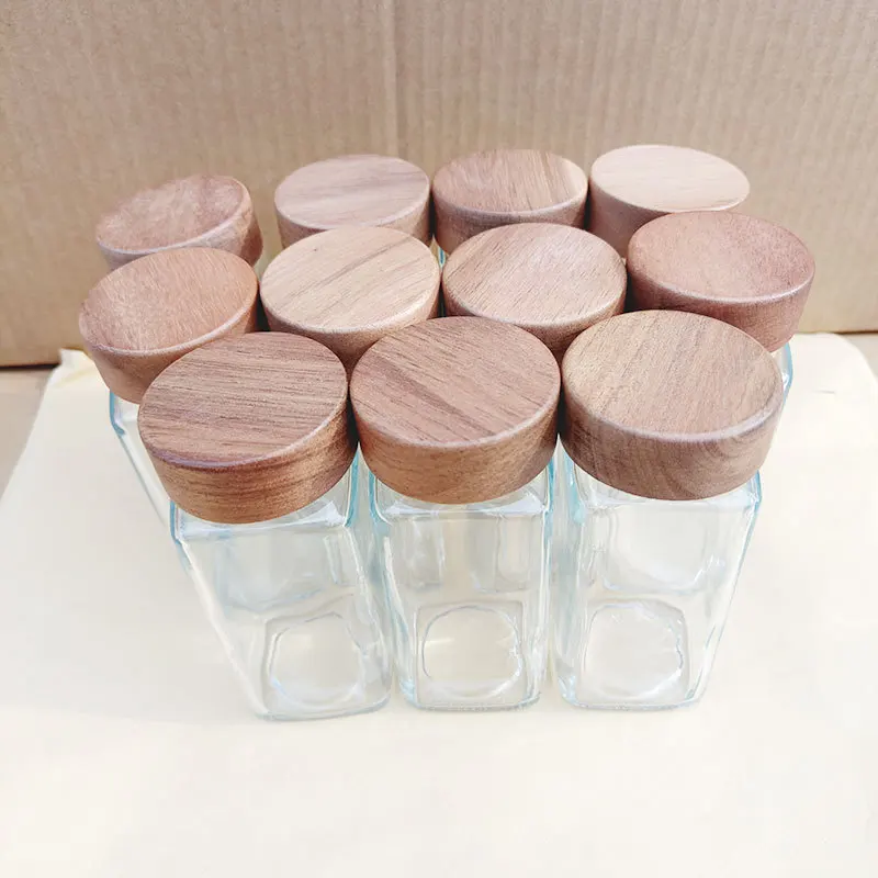 Glass Bamboo Wooden Lid Shaker Lids and White Labels Sticker 120ml 4oz Square 24 Pcs Glass Spice Jars Bottles Set