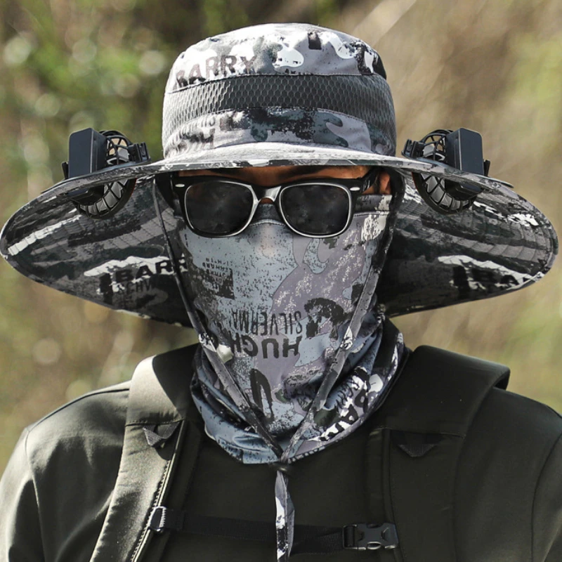 FF2714 Outdoor UV Protection Hiking Camping Bucket Hat Breathable Wide Brim Fishing Hat Solar USB Garden Beach Sun Hats with Fan