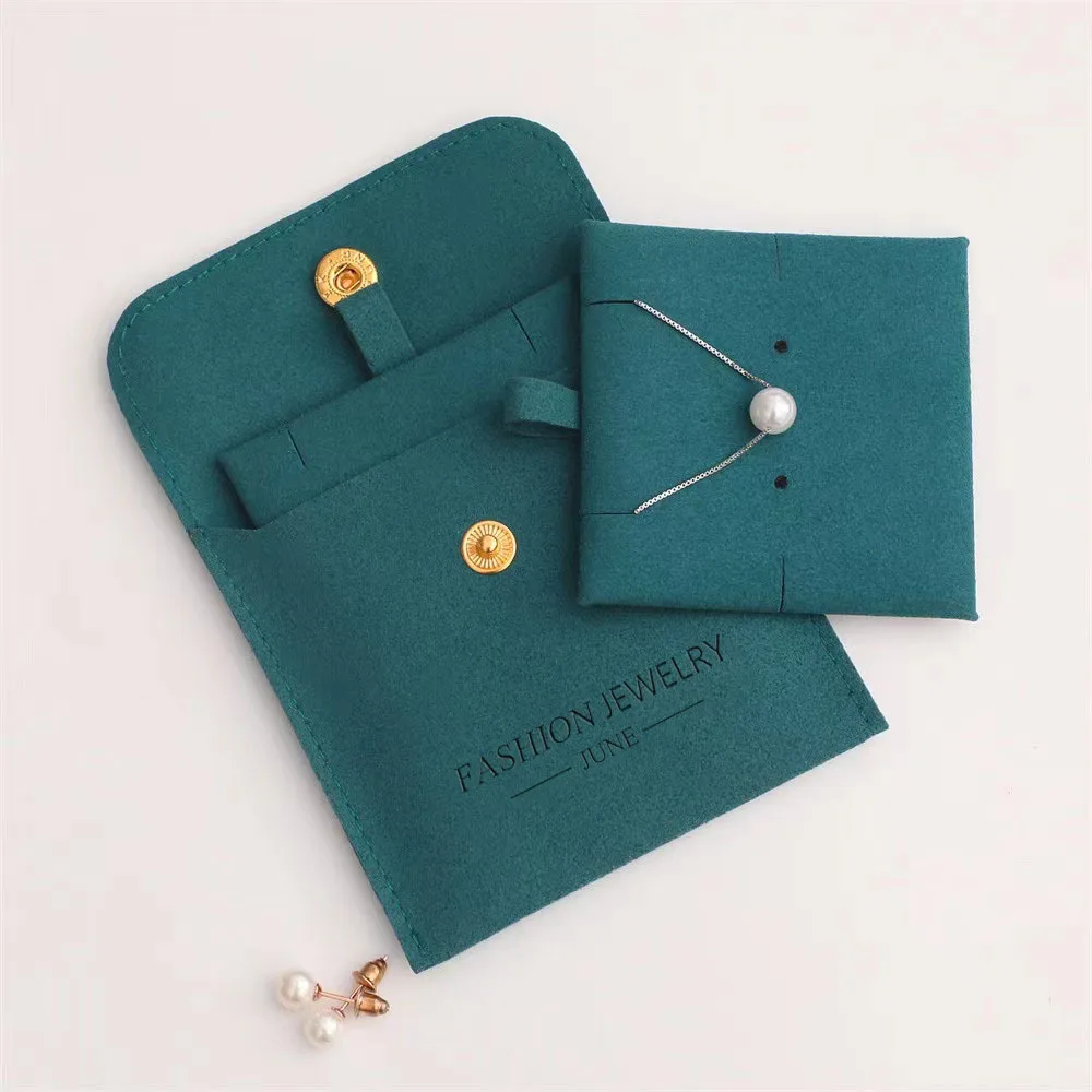 Custom Logo Printed Packing Microfiber Insert Envelope Necklace Jewelry Pad Luxury green Suede Pouch Drawstring Bag for Shopping
