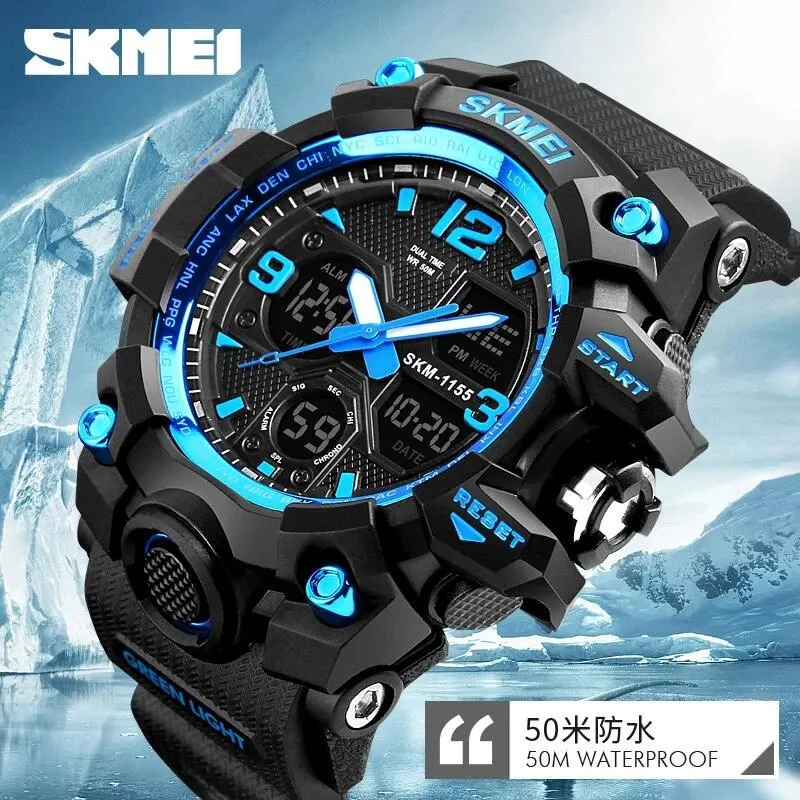 Мужские спортивные часы SKMEI 1155B 2024 1155 5 бар водонепроницаемые наручные с двойным дисплеем