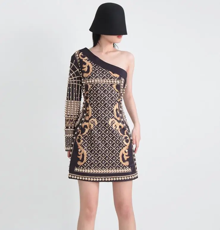 New Fashion STOCK Unique Pearl Design One Shoulder Long Sleeve Women Mini Lady Party Club Casual Street Bodycon Dress