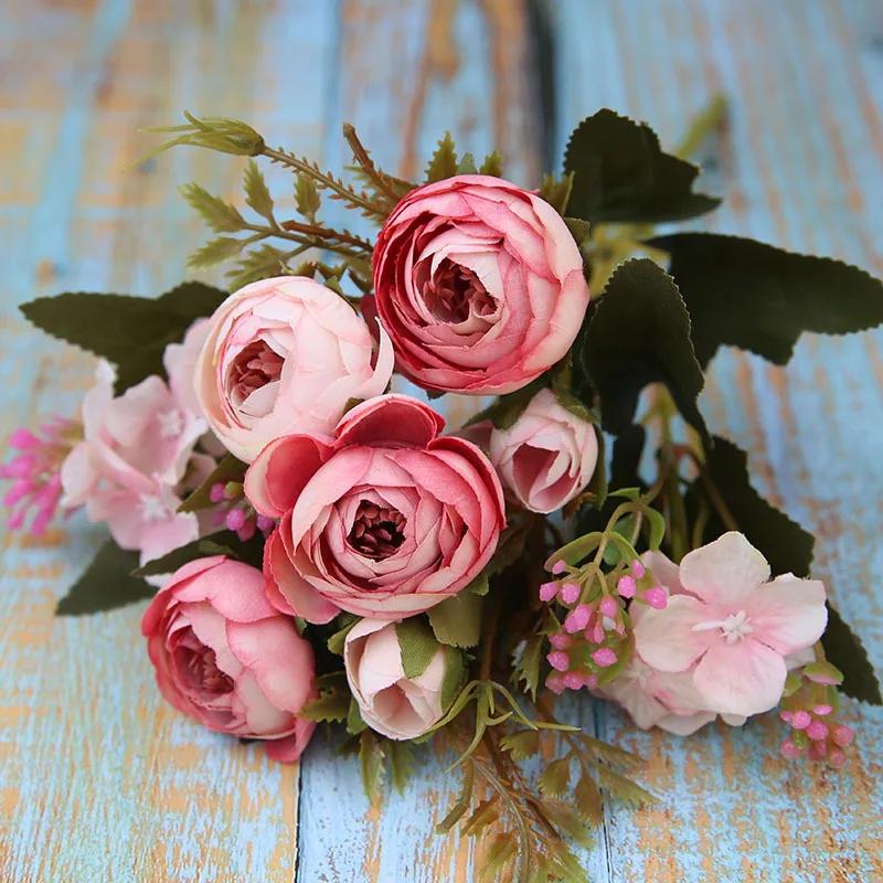 Real Touch Ranunculus Flower Artificial Tea Rose Pink Flower Silk Fabric Wholesale Bundle Flowers for Wedding Decoration